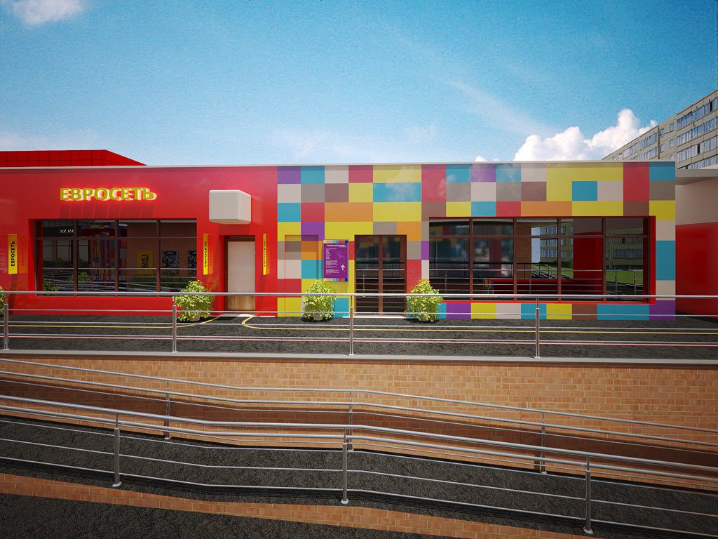 дизайн рынка, разноцветный фасад к кафе, красный к магазинам