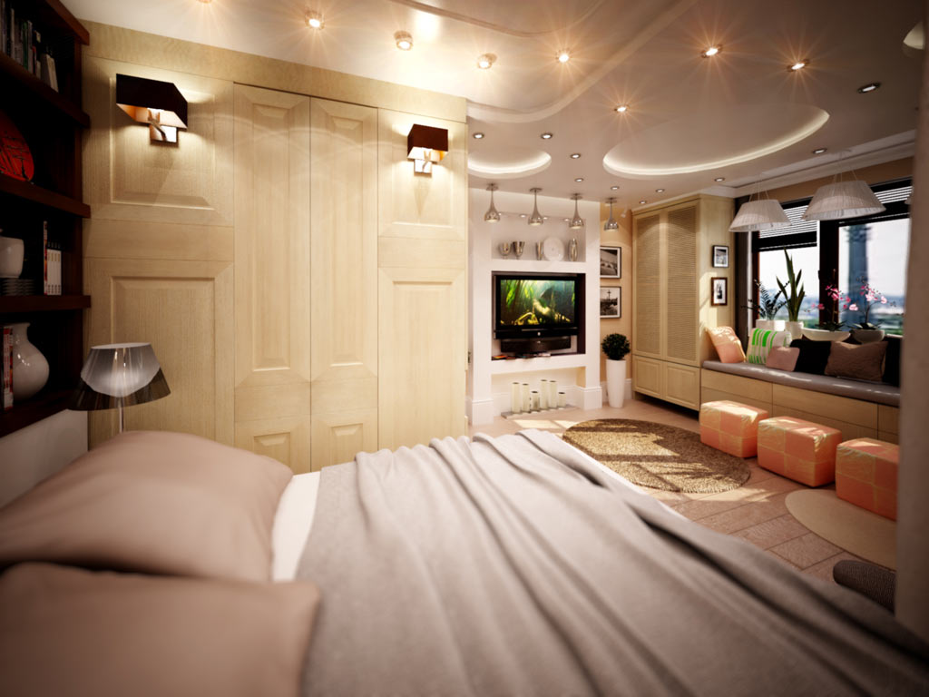 интерьер дизайна гостиной вид со стороны кровати