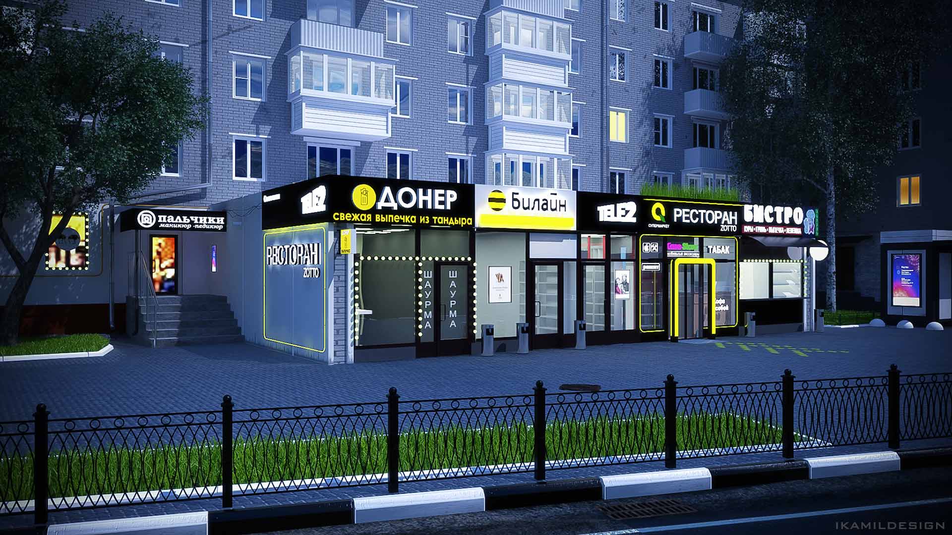 проект освещения фасада ресторана зотто в москве, ikamildesign